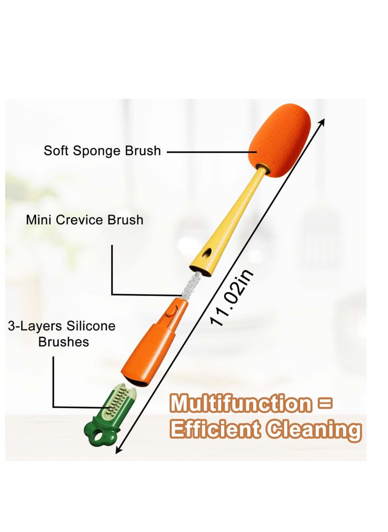 Bottle Brush Cleaner. 3 in 1 Carrot Baby Multifunctional Replaceable Sponge Cleaning Brush for Kitchen Water Bottle Cover Feeding Nozzle Glass Cup Crevice Home Washing Tool