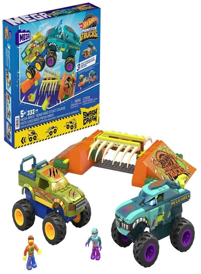 Mega Brands Mega Hot Wheels Monster Trucks Building Toy, Smash & Crash Wrex Boneyard Stunt Course with 332 Pieces, 2 Figures and 2 Ramps, Kids Age 5+ Years - Image 1