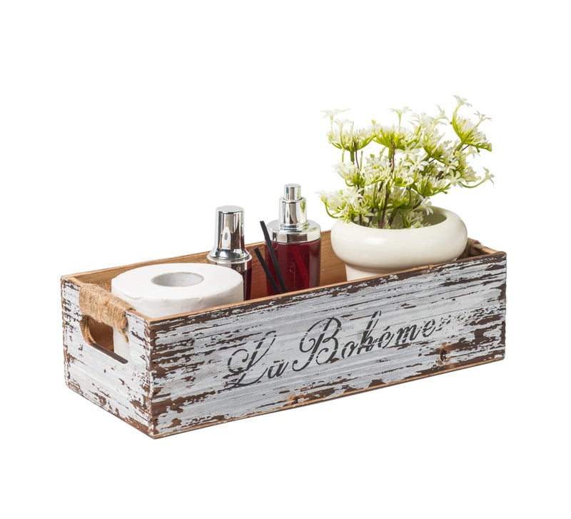 TIMRIS Farmhouse Distressed Wooden Storage Box Rustic Bathroom Decor Box Decorative Toilet Tank Basket Nice Butt Vintage Countertop Organizer Box with Handles Distressed White