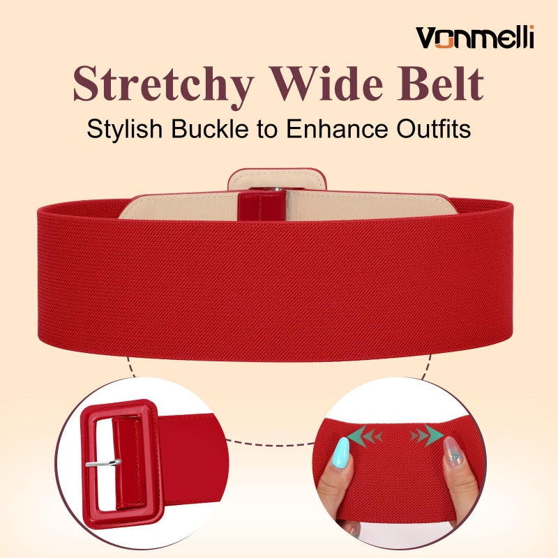 VONMELLI Stretchy Wide Women Belts Elastic Vinatge Red Belts for Women Fashion Ladies Waist Belt for Dress, L - Image 2
