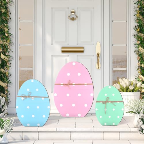 GlikCeil 3 Pcs Easter Wooden Porch Sign Easter Egg Standing Porch Decoration Rustic Welcome Decor for Spring Holiday Outdoor Party Lawn Garden Yard Entryway 12 16 21 - Image 1
