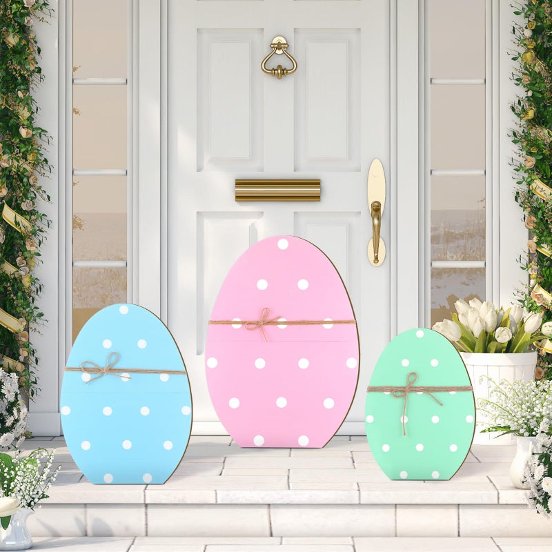 GlikCeil 3 Pcs Easter Wooden Porch Sign Easter Egg Standing Porch Decoration Rustic Welcome Decor for Spring Holiday Outdoor Party Lawn Garden Yard Entryway 12 16 21 - Image 2