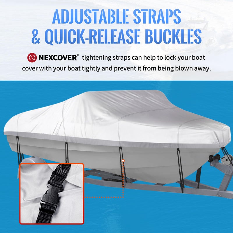 NEXCOVER Trailerable Boat Cover, Length: 17'-19' Beam Width: up to 96", Waterproof Heavy Duty Cover, Fits V-Hull, TRI-Hull, Runabout, Pro-Style, Bass Boat, Storage Bag & Tightening Straps Included. - Image 4