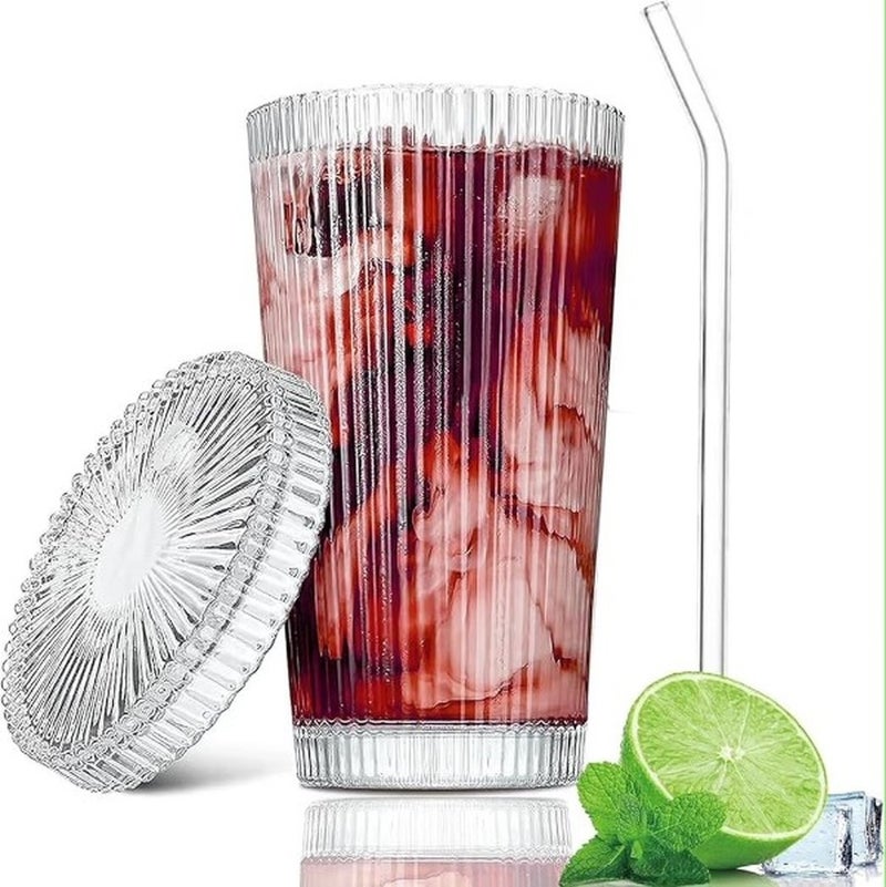 Set of 2 Ribbed Glass Tumblers with Lid and Straw – Aesthetic Clear Glass Cups for Iced Coffee, Juice and Lemonade – Reusable Vintage Style Drinking Glass Gift - Image 2