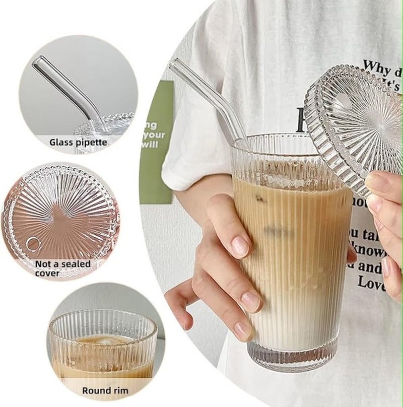 Set of 2 Ribbed Glass Tumblers with Lid and Straw – Aesthetic Clear Glass Cups for Iced Coffee, Juice and Lemonade – Reusable Vintage Style Drinking Glass Gift - Image 3