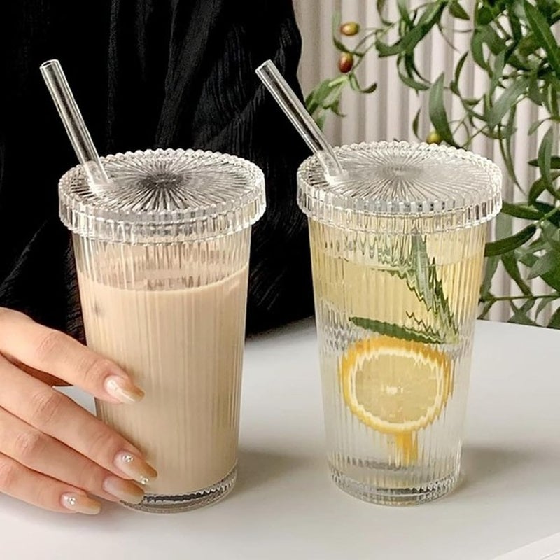 Set of 2 Ribbed Glass Tumblers with Lid and Straw – Aesthetic Clear Glass Cups for Iced Coffee, Juice and Lemonade – Reusable Vintage Style Drinking Glass Gift - Image 1