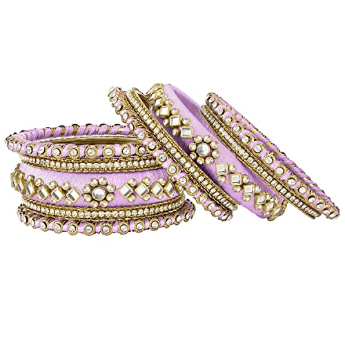Peora Women Velvet Matching Fancy Silk Thread Pink White Chuda/Chura Bangle Set(Size 2.8) - Image 3
