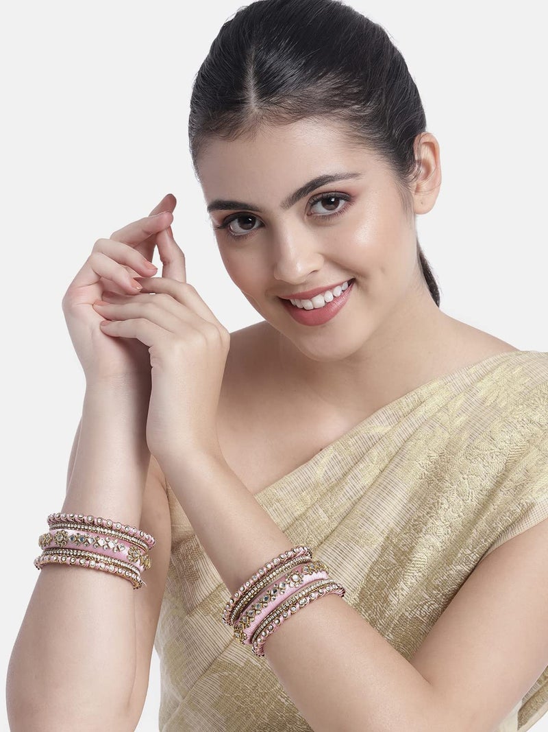 Peora Women Velvet Matching Fancy Silk Thread Pink White Chuda/Chura Bangle Set(Size 2.8) - Image 2