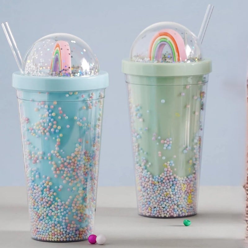 IKTU Double Wall Rainbow Water Bottle For Girls Shiny Glitter Tumbler | For Girls & Boys, School & Coaching | Gift For Kids, Plastic (Blue OR Green, 550 Ml, Pack of 1) - Image 1