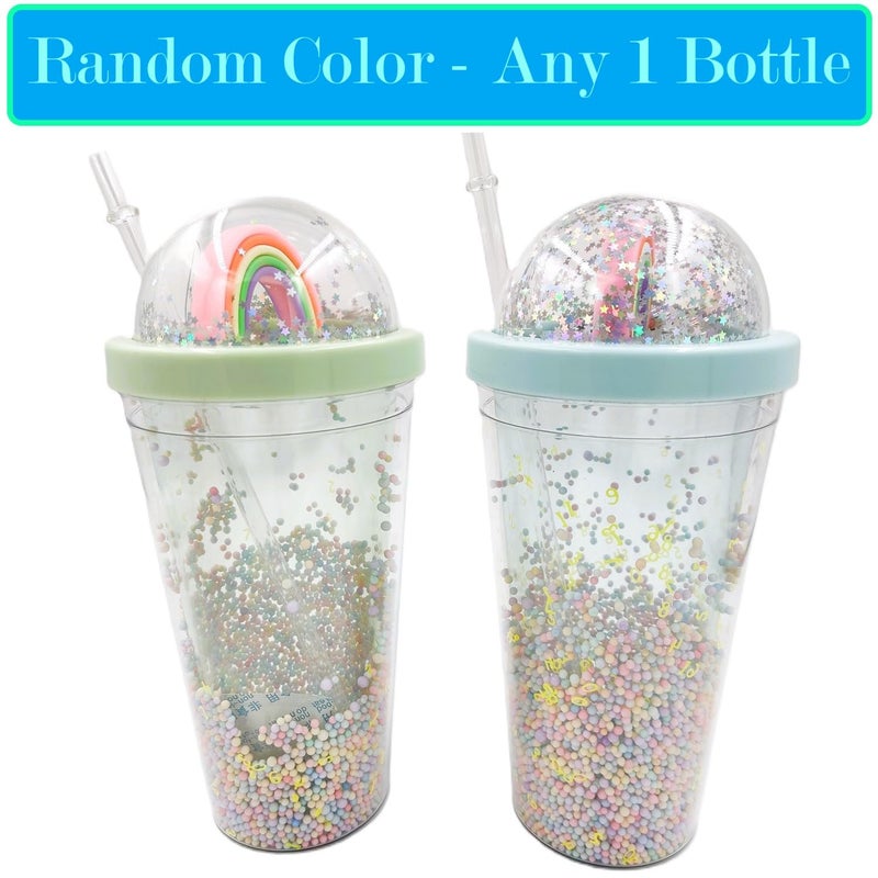 IKTU Double Wall Rainbow Water Bottle For Girls Shiny Glitter Tumbler | For Girls & Boys, School & Coaching | Gift For Kids, Plastic (Blue OR Green, 550 Ml, Pack of 1) - Image 2