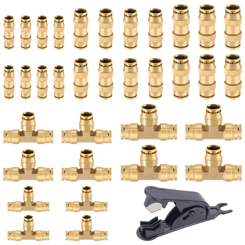 CheeMuii 35 PCS Brass DOT Air Line Fittings Kit 14 38 12 DOT Quick Connect Air Fittings Straight  Tee Union Push to Connect Air Hose Fittings for Semi Truck Trailers Air Brake System