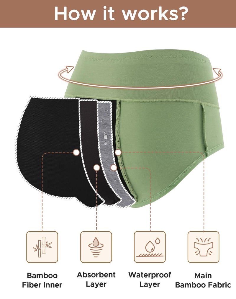 INNERSY Women's Bamboo Viscose Heavy Flow Period Underwear High Waisted Leakproof Panties 3 Pack(X-Large,Black/Gray/Green) - Image 5