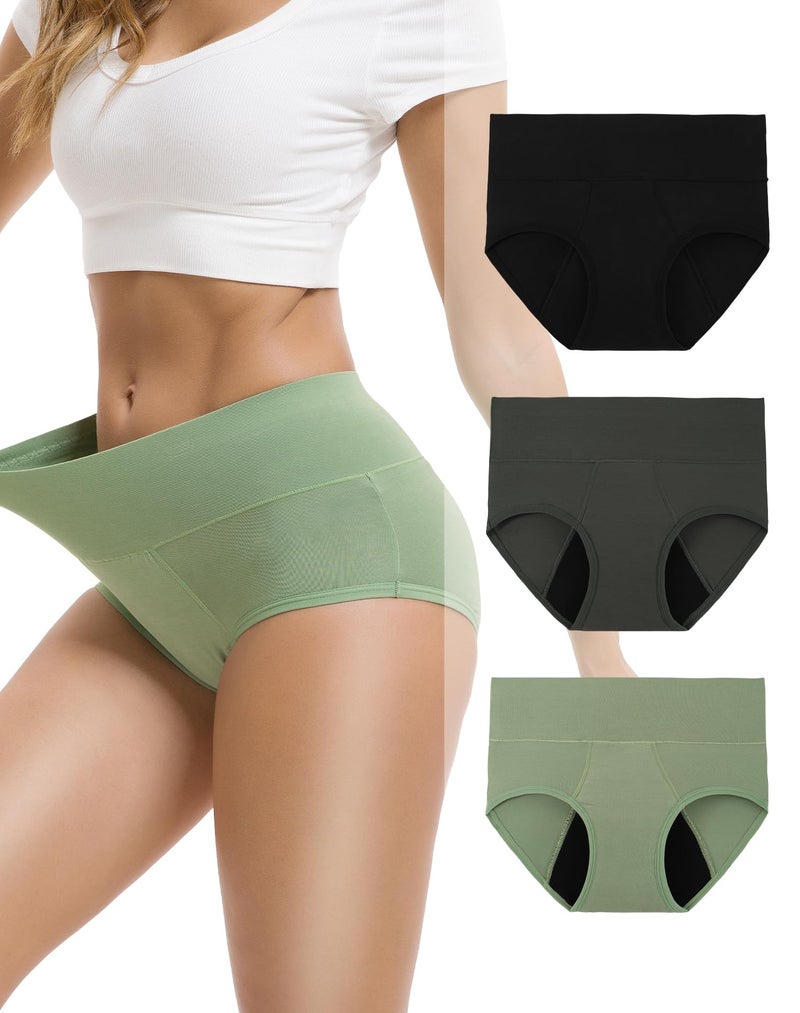 INNERSY Women's Bamboo Viscose Heavy Flow Period Underwear High Waisted Leakproof Panties 3 Pack(X-Large,Black/Gray/Green) - Image 1