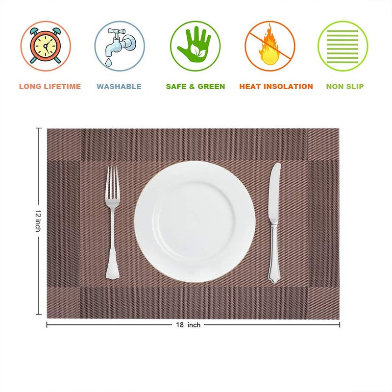 GIVERARE Placemats Set of 4, Heat-Resistant Woven Vinyl Placemat, Non-Slip Washable PVC Table Mat, Easy to Clean Premium Plastic Mats for Dining, Kitchen Table (Brown) - Image 3