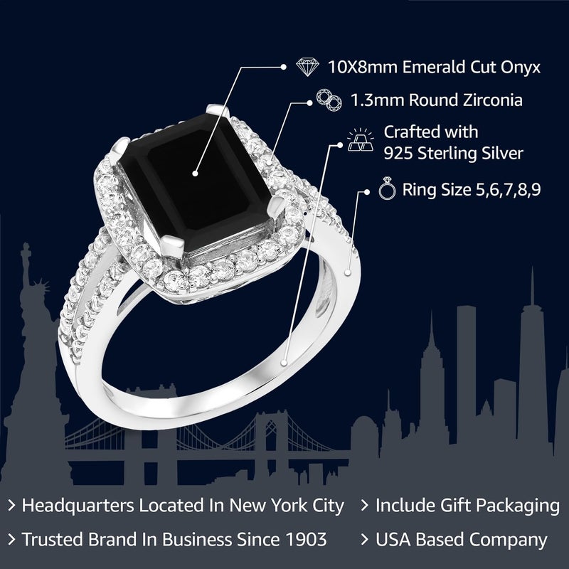 Gem Stone King 925 Sterling Silver Black Onyx Engagement Ring For Women (3.75 Cttw, Emerald Cut 10X8MM, Gemstone Birthstone, Available in size 5, 6, 7, 8, 9) - Image 2