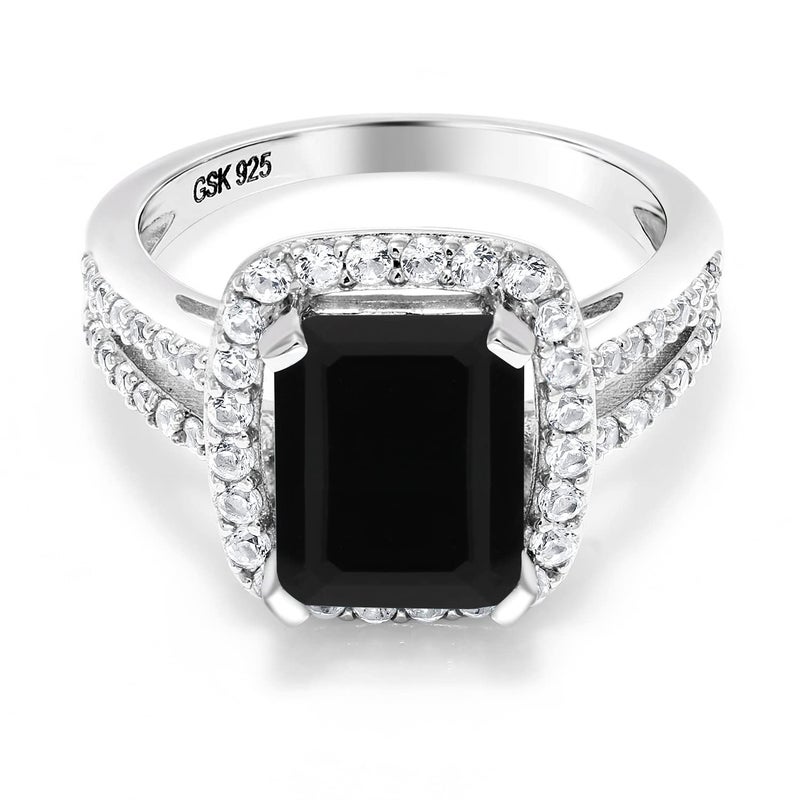 Gem Stone King 925 Sterling Silver Black Onyx Engagement Ring For Women (3.75 Cttw, Emerald Cut 10X8MM, Gemstone Birthstone, Available in size 5, 6, 7, 8, 9) - Image 1