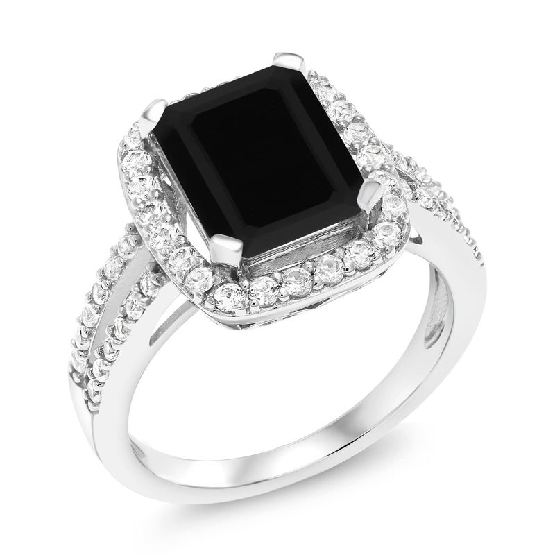 Gem Stone King 925 Sterling Silver Black Onyx Engagement Ring For Women (3.75 Cttw, Emerald Cut 10X8MM, Gemstone Birthstone, Available in size 5, 6, 7, 8, 9) - Image 3
