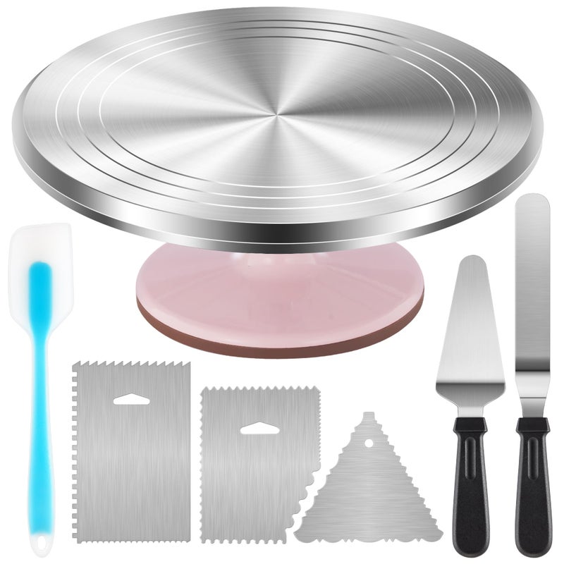 Kootek Aluminium Cake Turntable Set, Baking Tools with Revolving 12" Cake Stand for Decorating, 12.7" Offset Spatula, 3 Stainless Steel Frosting Icing Smoother, Cake Serve Cake Decorating Kit Supplies - Image 1