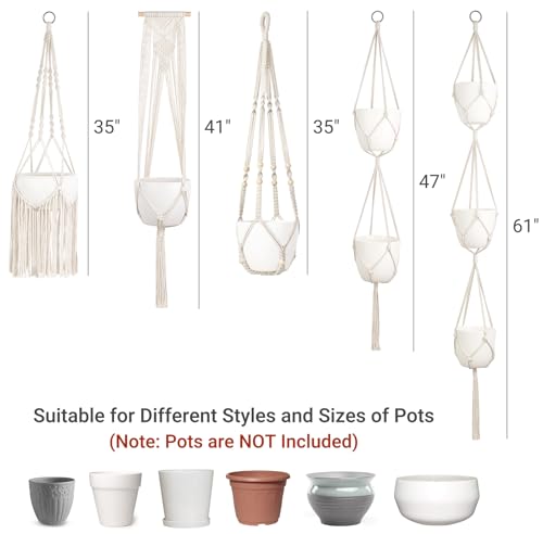 Mkono Macrame Plant Hangers, 5 Pack Different Tiers Indoor Hanging Planters Basket with 5 Hooks Decorative Flower Pots Holder Stand Boho Home Decor, Ivory - Image 2