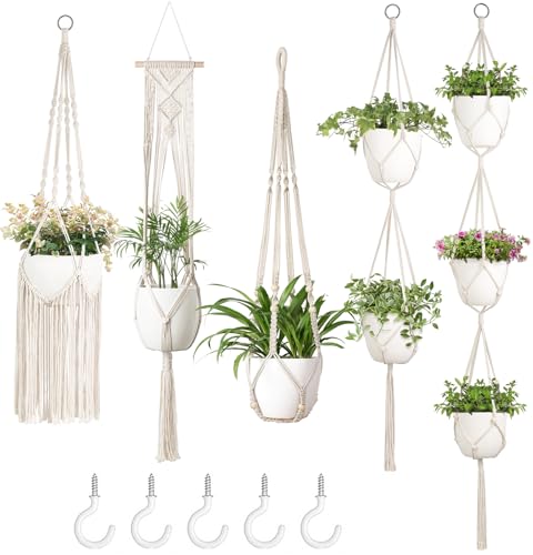 Mkono Macrame Plant Hangers, 5 Pack Different Tiers Indoor Hanging Planters Basket with 5 Hooks Decorative Flower Pots Holder Stand Boho Home Decor, Ivory - Image 1