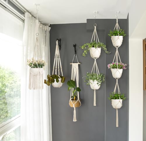 Mkono Macrame Plant Hangers, 5 Pack Different Tiers Indoor Hanging Planters Basket with 5 Hooks Decorative Flower Pots Holder Stand Boho Home Decor, Ivory - Image 3