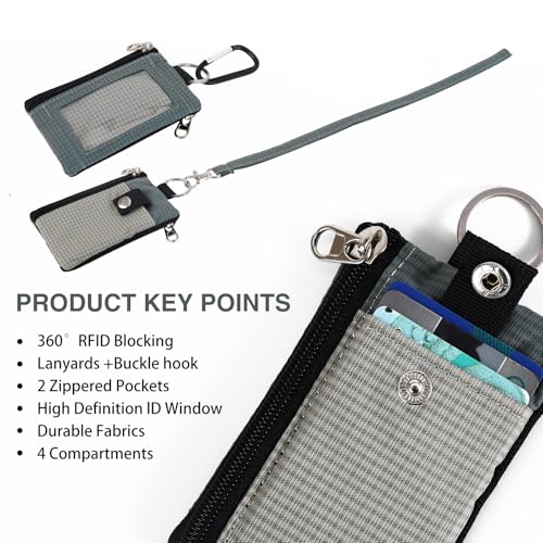 MASAPHIL MASAPHlL Small Lanyard Wallet for Women/Men with RFID Blocking ID Badge Holder, Minimalist Nylon Zipper Pouch, Traval Neck Wallet with Keychain, ID Window for Card,Coin,Cash (Gray+Dark Gray) - Image 3