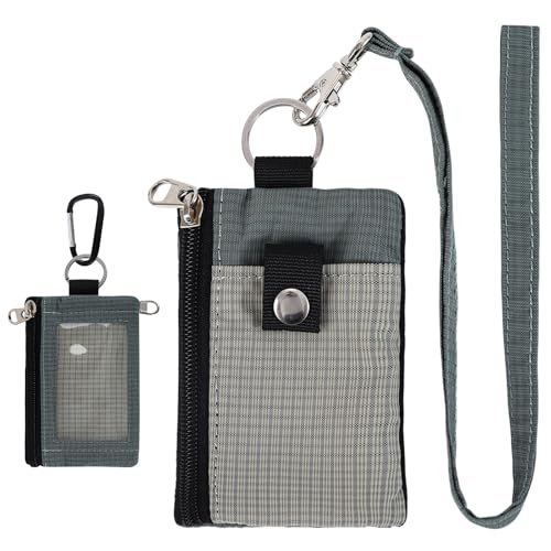 MASAPHIL MASAPHlL Small Lanyard Wallet for Women/Men with RFID Blocking ID Badge Holder, Minimalist Nylon Zipper Pouch, Traval Neck Wallet with Keychain, ID Window for Card,Coin,Cash (Gray+Dark Gray) - Image 1
