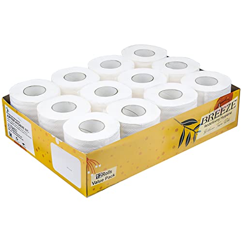 BREEZE 2 Ply Toilet Tissue Paper Roll with 265 Pulls X 12 Rolls Soft and Highly Absorbent Virgin Paper No Clog Easy To Flush (Pack of 12, 11x10cm) - Image 1
