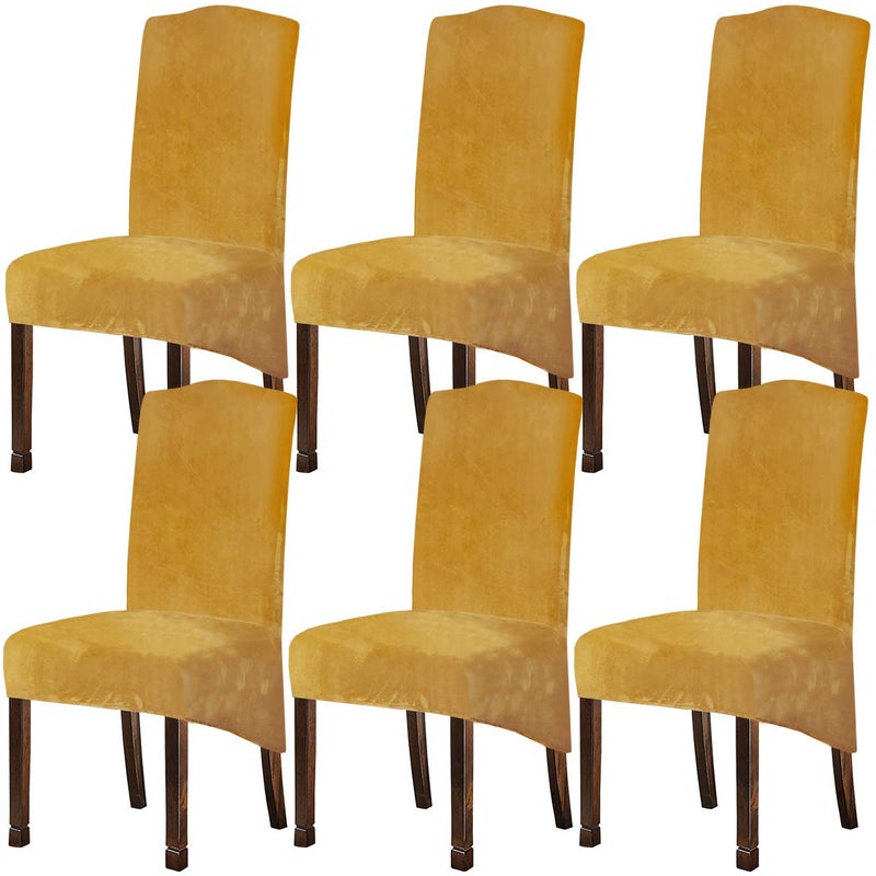 Velvet Plush XL Dining Chair Covers Stretch Chaircover Spandex High Chairs Protector Covers Seat Slipcover with Elastic Band for Dining RoomWedding Ceremony Banquet Mustard Gold Set of 6