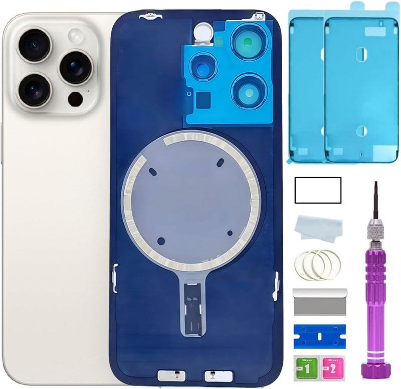 ZVB 15 Pro Back Glass Replacement for iPhone 15 Pro Back Glass (6.1 Inches) with Pre-Installed Plate + Camera Frame + Lens + Reparing Tools (White Titanium) - Image 1