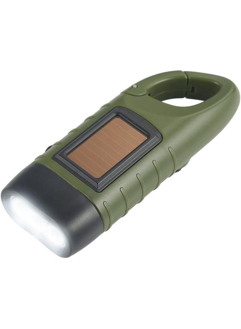 Rechargeable Emergency LED Flashlight - Solar & Hand Crank Powered Survival Torch with Quick-Snap Carabiner Clip, Army Green - Image 1