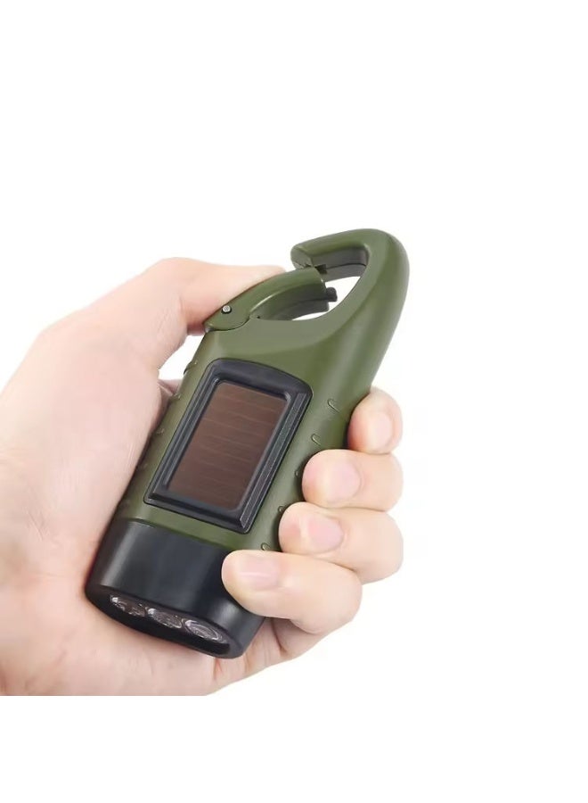 Rechargeable Emergency LED Flashlight - Solar & Hand Crank Powered Survival Torch with Quick-Snap Carabiner Clip, Army Green - Image 3