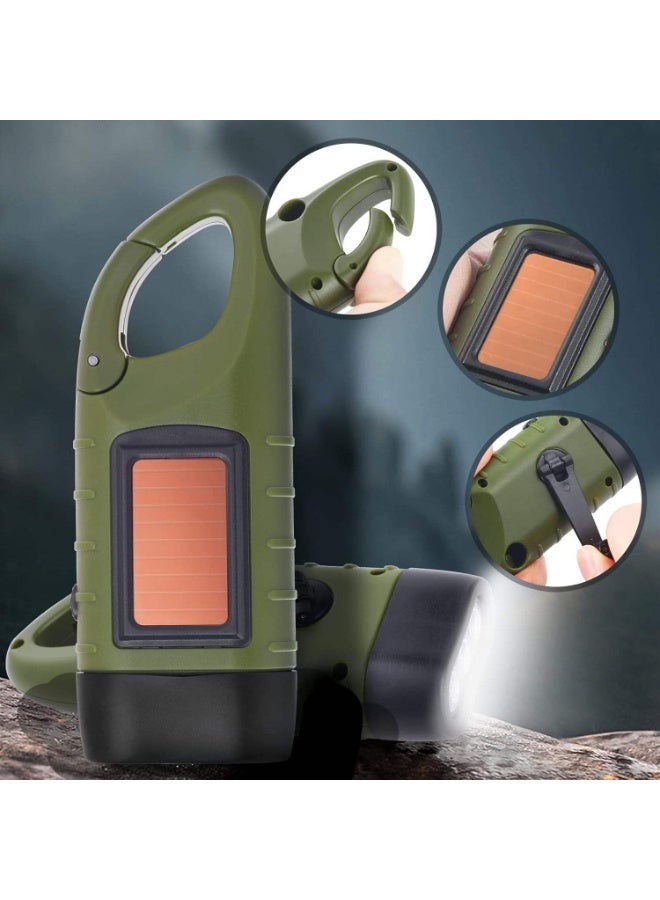 Rechargeable Emergency LED Flashlight - Solar & Hand Crank Powered Survival Torch with Quick-Snap Carabiner Clip, Army Green - Image 4