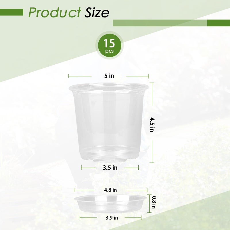 FUIJOL 5 Inch Clear Nursery Pots for Plants with Sacuers 15 Pack, Plastic Flower Pots with Drainage Holes, Variety Pack Seedlings Garden Pot for Indoor Outdoor (5 inch) - Image 2