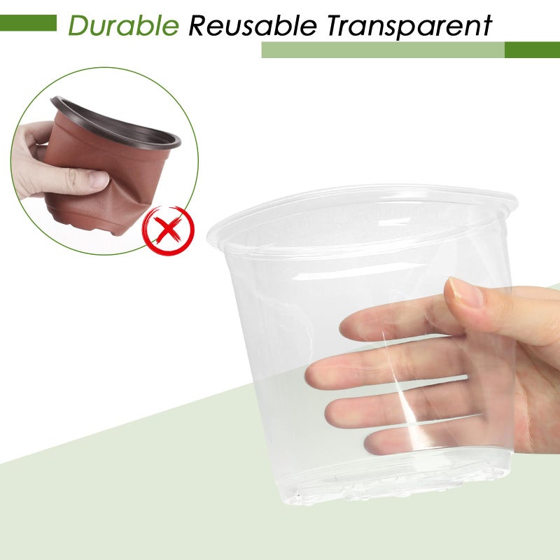 FUIJOL 5 Inch Clear Nursery Pots for Plants with Sacuers 15 Pack, Plastic Flower Pots with Drainage Holes, Variety Pack Seedlings Garden Pot for Indoor Outdoor (5 inch) - Image 5