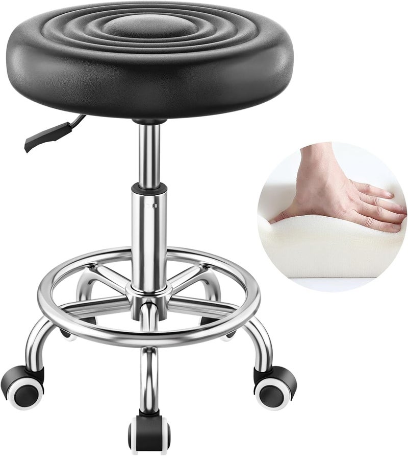 CSS CSS® Round Rolling Stool: Adjustable Height 17 to 21, 360°Smooth Swivel, Stool with Wheels and Footrest, PU Leather, Compact for Doctor, Massage, Tattoo, Salon Stool Weight Capacity 110 Kg (Black)  - Image 1