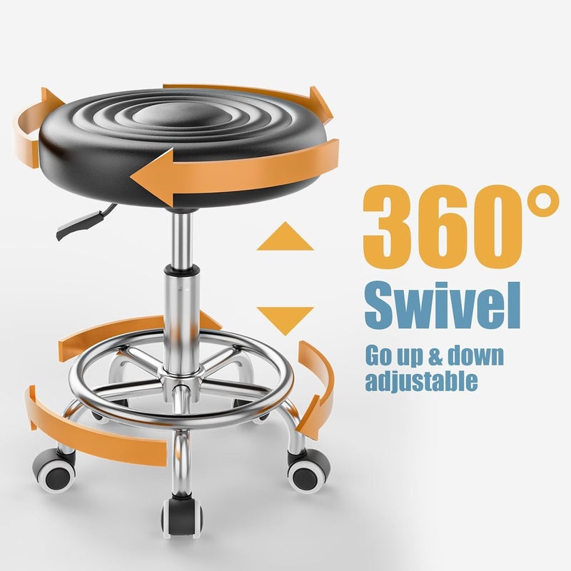 CSS CSS® Round Rolling Stool: Adjustable Height 17 to 21, 360°Smooth Swivel, Stool with Wheels and Footrest, PU Leather, Compact for Doctor, Massage, Tattoo, Salon Stool Weight Capacity 110 Kg (Black)  - Image 4