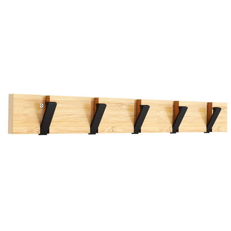 Anjuer Coat Hanger Wall Mounted Clothes Rack 5 Retractable Hooks Heavy Duty Clothes Hat Holder Bamboo Board Black Hooks