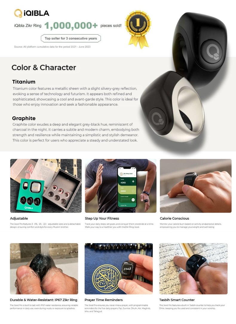 iQIBLA Zikr Ring Jood Pro – Smart Islamic Ring with Prayer Reminders, Tasbih Counter, Fitness Tracker & IP67 Water Resistance | Graphite  - Image 2