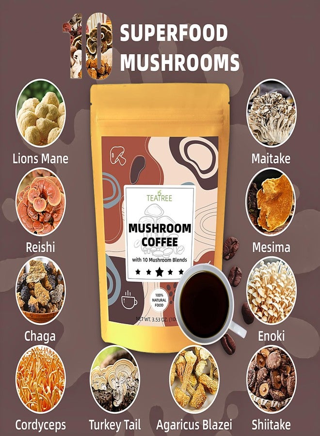 Teatree Mushroom Coffee, 10 Mushrooms (Lion's Mane, Reishi, Chaga, Cordyceps, Turkey Tail & Other) Mix with Arabica Instant, Energy, Focus, and Immune Boosting Coffee - Image 2
