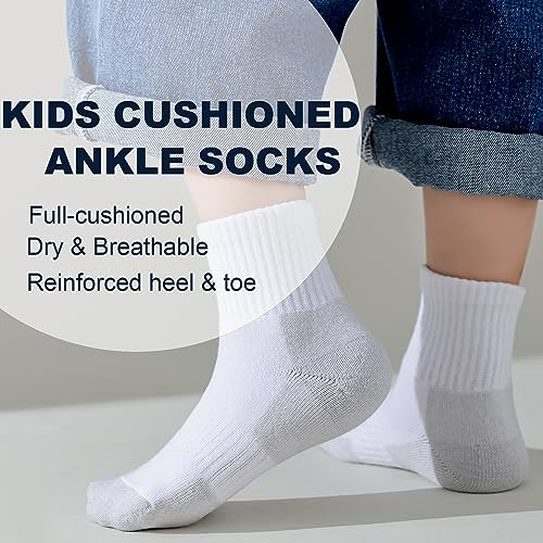 EPEIUS Kids Boys/Girls' Cushioned Socks Thick Cotton Quarter Athletic Running Socks Ankle Sports 6 Pack 10-14 YearsWhite/Platinum - Image 2