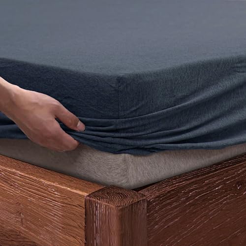 SleepyCat Jersey Fitted Sheet with 2 Complimentary Standard Pillow Cases | Knitted Jersey Fabric | Wrinkle and Iron Free Fitted Sheet Solid Set, Midnight Blue (Queen Size, 78x60), 140 TC - Image 1