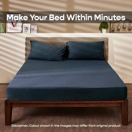 SleepyCat Jersey Fitted Sheet with 2 Complimentary Standard Pillow Cases | Knitted Jersey Fabric | Wrinkle and Iron Free Fitted Sheet Solid Set, Midnight Blue (Queen Size, 78x60), 140 TC - Image 2