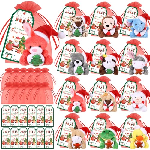 Wiwiqing 36 Pcs Christmas Mini Stuffed Animals Gifts Set 12 Christmas Plush Animals 12 Cards 12 Bags Xmas Small Plush Keychains Exchange Gift Toys for Friend Family Xmas Party Favors Goodie Bag Filler - Image 1