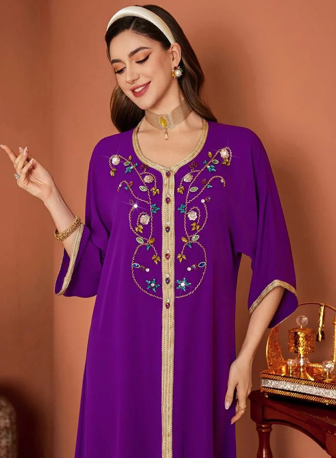 Take Two Purple Women's Colorful Rhinestone Embellished Round Neck Long Sleeve Golden Trim Jalabiya for Women | Best Price UAE
