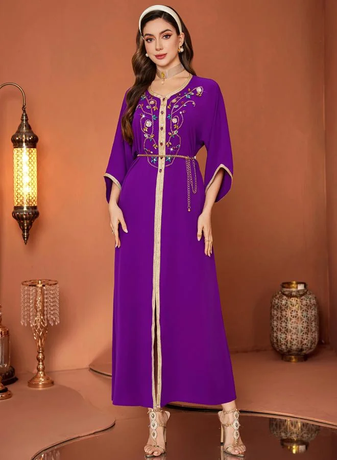 Take Two Women's Colorful Rhinestone Embellished Round Neck Long Sleeve Golden Trim Jalabiya