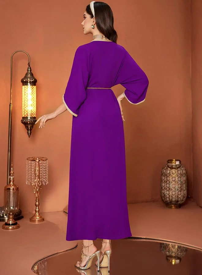 Take Two Purple Women's Colorful Rhinestone Embellished Round Neck Long Sleeve Golden Trim Jalabiya for Women | Best Price UAE