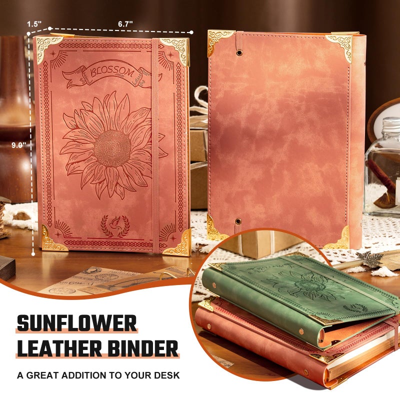 Ovesmusl Sunflower PU Leather A5 Binder 6 Ring Refillable Journal Cover No Inserts A5 Planner Binder Loose Leaf Binder for Notebook 5.7â€x8.3â€ with Elastic Closure, Green - Image 2