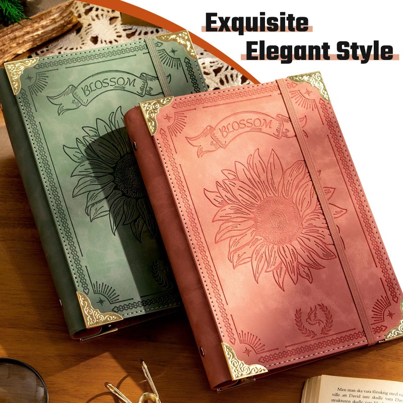 Ovesmusl Sunflower PU Leather A5 Binder 6 Ring Refillable Journal Cover No Inserts A5 Planner Binder Loose Leaf Binder for Notebook 5.7â€x8.3â€ with Elastic Closure, Green - Image 4