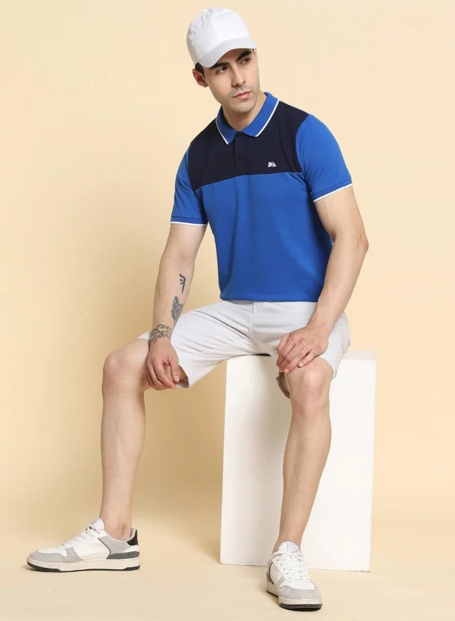 دينيس لينغو Navy Colourblocked Regular Fit Polo Neck T-shirt for Men - 100% Cotton, Half Sleeves, Casual